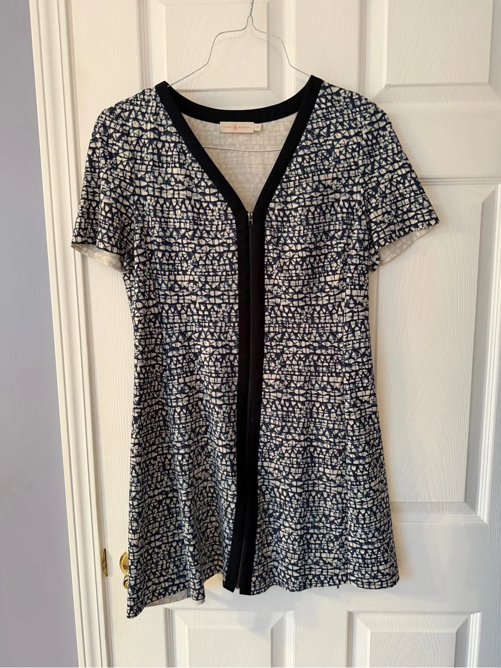 Tory Burch Navy and White V‑Neck Zip Dress size large